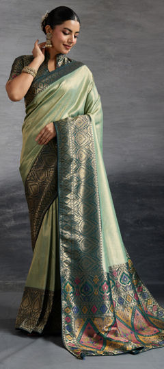 Green color Saree in Kanjeevaram Silk fabric with Weaving work