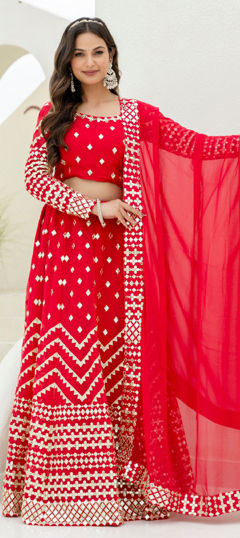 Red and Maroon color Lehenga in Georgette fabric with Embroidered, Sequence, Thread work