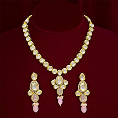 Gold Rodium Polish Pink and Majenta color Necklace in Metal Alloy studded with CZ Diamond, Pearl