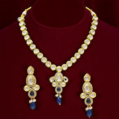 Gold Rodium Polish Blue color Necklace in Metal Alloy studded with CZ Diamond, Pearl