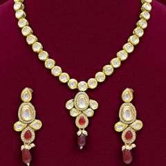 Gold Rodium Polish Red and Maroon color Necklace in Metal Alloy studded with CZ Diamond, Pearl