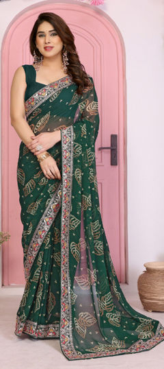 Green color Saree in Georgette fabric with Bandhej, Border, Embroidered work