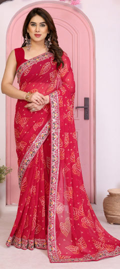 Pink and Majenta color Saree in Georgette fabric with Bandhej, Border, Embroidered work