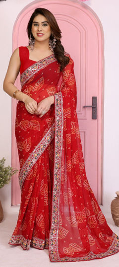 Red and Maroon color Saree in Georgette fabric with Bandhej, Border, Embroidered work