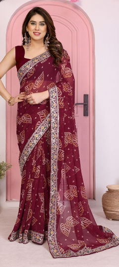 Purple and Violet color Saree in Georgette fabric with Bandhej, Border, Embroidered work