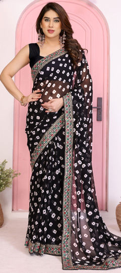Black and Grey color Saree in Georgette fabric with Bandhej, Embroidered work