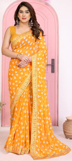 Yellow color Saree in Georgette fabric with Bandhej, Embroidered work