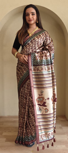 Beige and Brown color Saree in Viscose fabric with Printed work