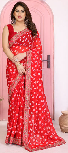 Red and Maroon color Saree in Georgette fabric with Bandhej, Embroidered, Printed work