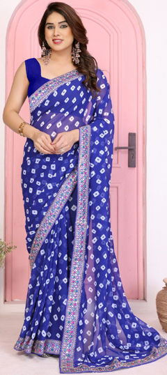 Blue color Saree in Georgette fabric with Bandhej, Embroidered, Printed work