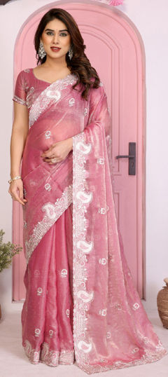Pink and Majenta color Saree in Chiffon fabric with Border, Embroidered work