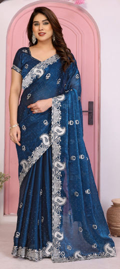Blue color Saree in Chiffon fabric with Border, Embroidered work