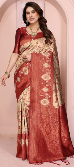 Beige and Brown, Red and Maroon color Saree in Art Silk fabric with Weaving work