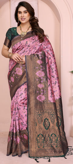 Green, Pink and Majenta color Saree in Art Silk fabric with Weaving work
