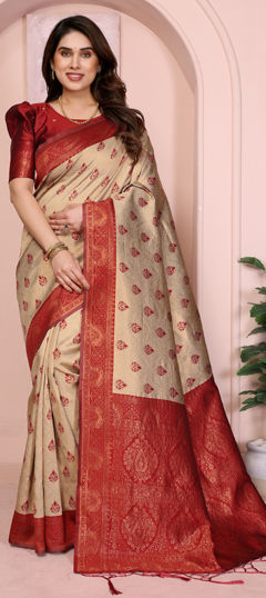 Beige and Brown color Saree in Art Silk fabric with Weaving work