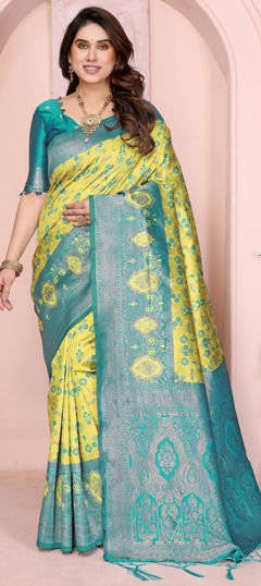 Blue, Yellow color Saree in Art Silk fabric with Weaving work
