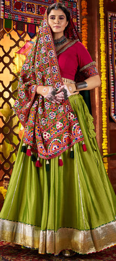 Green color Ready to Wear Lehenga in Silk fabric with Border, Gota Patti work