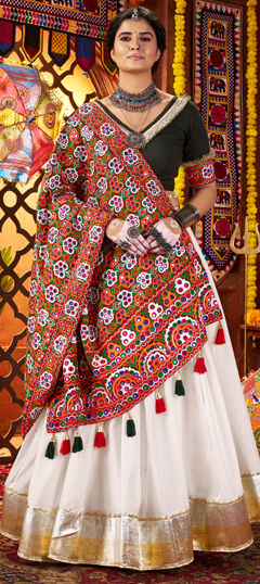 White and Off White color Ready to Wear Lehenga in Silk fabric with Border, Gota Patti work