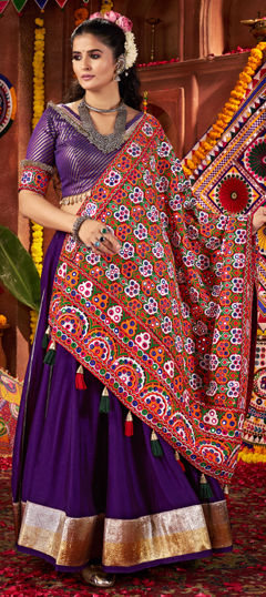 Purple and Violet color Ready to Wear Lehenga in Silk fabric with Border, Gota Patti work