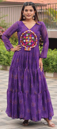 Purple and Violet color Gown in Faux Georgette fabric with Bandhej, Mirror, Printed work