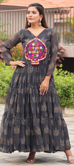 Black and Grey color Gown in Faux Georgette fabric with Bandhej, Mirror, Printed work