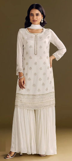 White and Off White color Salwar Kameez in Chinon Silk fabric with Embroidered, Sequence work
