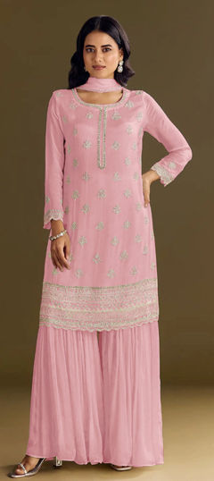 Pink and Majenta color Salwar Kameez in Chinon Silk fabric with Embroidered, Sequence work