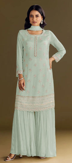 Green color Salwar Kameez in Chinon Silk fabric with Embroidered, Sequence work