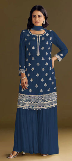 Blue color Salwar Kameez in Chinon Silk fabric with Embroidered, Sequence work