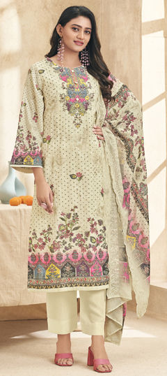 Beige and Brown color Salwar Kameez in Cotton, Lawn fabric with Digital Print, Floral, Resham, Thread, Zari work