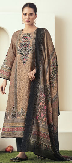 Beige and Brown color Salwar Kameez in Cotton, Lawn fabric with Digital Print, Floral, Resham, Sequence, Thread work