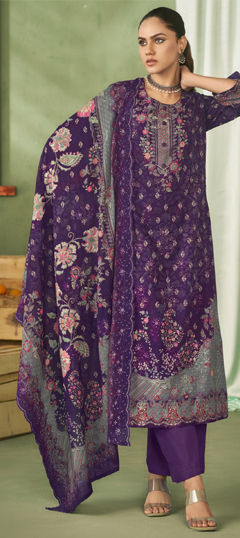 Purple and Violet color Salwar Kameez in Cotton, Lawn fabric with Digital Print, Floral, Resham, Sequence, Thread work