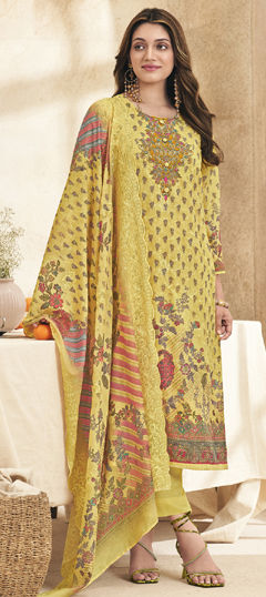 Yellow color Salwar Kameez in Cotton, Lawn fabric with Digital Print, Floral, Resham, Thread, Zari work