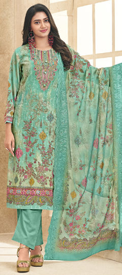 Blue color Salwar Kameez in Cotton, Lawn fabric with Digital Print, Floral, Resham, Thread, Zari work
