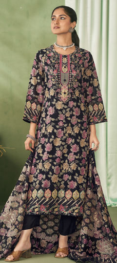 Black and Grey color Salwar Kameez in Cotton, Lawn fabric with Digital Print, Floral, Resham, Sequence, Thread work