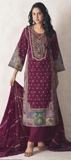 Purple and Violet color Salwar Kameez in Cotton, Lawn fabric with Digital Print, Floral, Resham, Sequence, Thread work