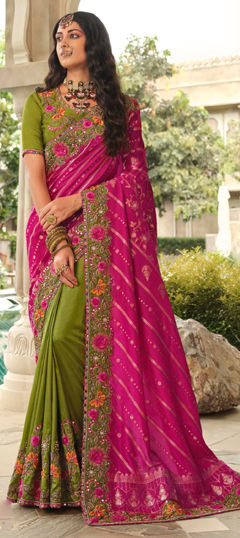 Green, Pink and Majenta color Saree in Silk fabric with Embroidered, Lace, Resham, Sequence, Thread, Weaving work