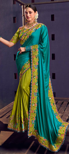 Blue, Green color Saree in Silk fabric with Embroidered, Lace, Resham, Sequence, Thread, Weaving work