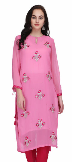 Pink and Majenta color Kurti in Georgette fabric with Embroidered, Thread, Zari work