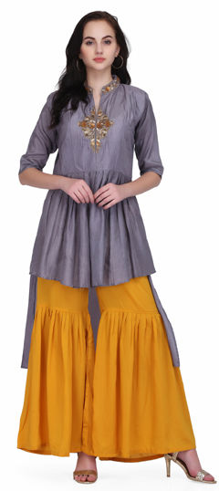 Black and Grey, Yellow color Salwar Kameez in Voile fabric with Dabka, Embroidered, Sequence, Thread, Zari work