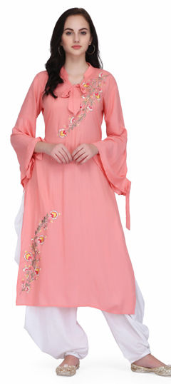 Pink and Majenta, White and Off White color Salwar Kameez in Rayon fabric with Embroidered work