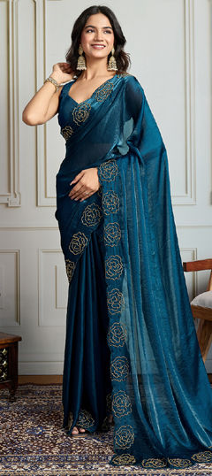 Blue color Saree in Satin Silk fabric with Cut Dana work