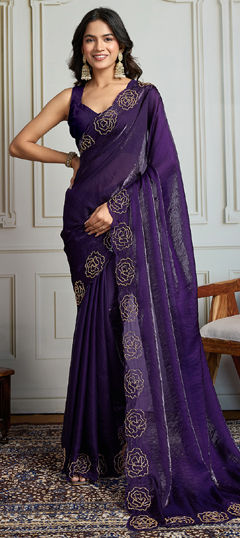 Purple and Violet color Saree in Satin Silk fabric with Cut Dana work
