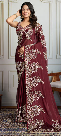 Red and Maroon color Saree in Silk fabric with Embroidered, Sequence, Zari work