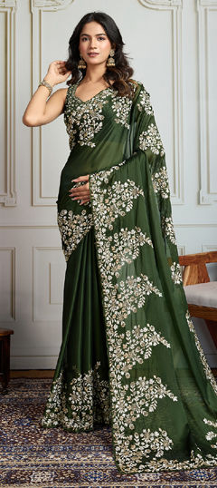 Green color Saree in Silk fabric with Embroidered, Sequence, Zari work