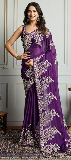 Purple and Violet color Saree in Silk fabric with Embroidered, Sequence, Zari work