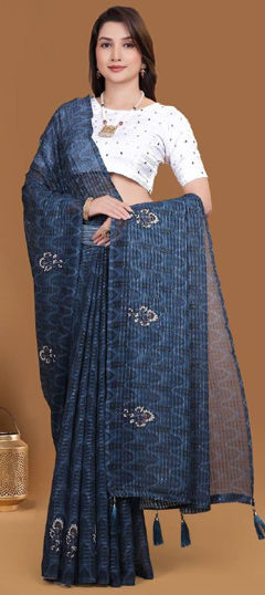 Blue color Saree in Georgette fabric with Digital Print, Sequence work