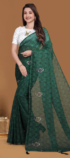 Green color Saree in Georgette fabric with Digital Print, Sequence work
