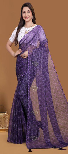 Purple and Violet color Saree in Georgette fabric with Digital Print, Sequence work