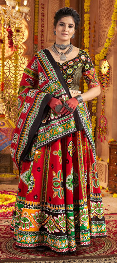 Red and Maroon color Ready to Wear Lehenga in Cotton fabric with Aari, Embroidered, Foil Print, Lace, Patch work